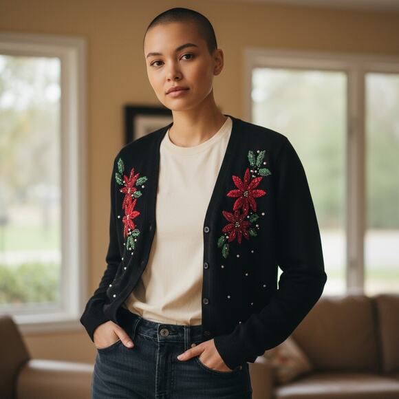 Basic Editions Holiday Cardigan S Black Poinsettia Sequin Ugly Christmas - Picture 1 of 6